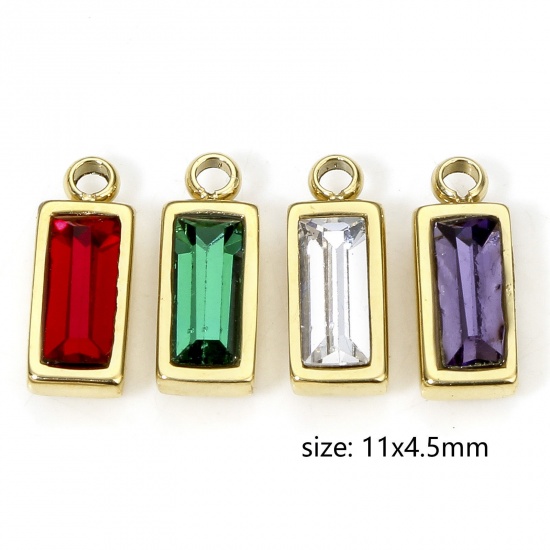 Immagine di Eco-friendly Vacuum Plating 304 Stainless Steel Birthstone Charms Gold Plated Rectangle Trapezoid Multicolor Rhinestone