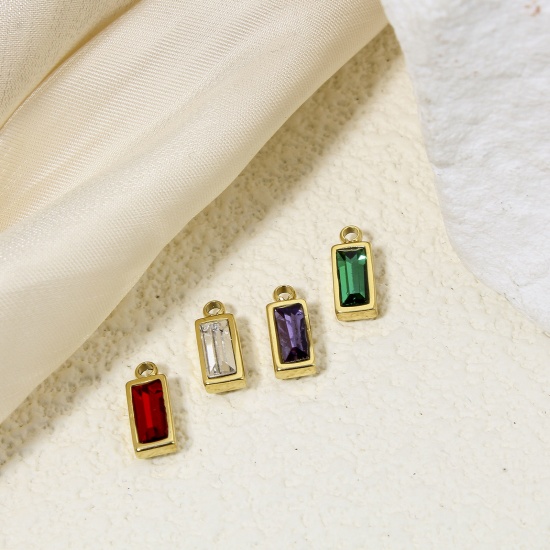 Изображение Eco-friendly Vacuum Plating 304 Stainless Steel Birthstone Charms Gold Plated Rectangle Trapezoid Multicolor Rhinestone