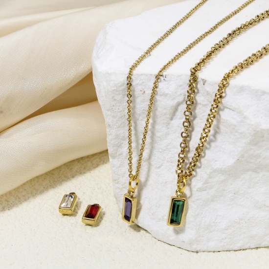 Immagine di Eco-friendly Vacuum Plating 304 Stainless Steel Birthstone Charms Gold Plated Rectangle Trapezoid Multicolor Rhinestone