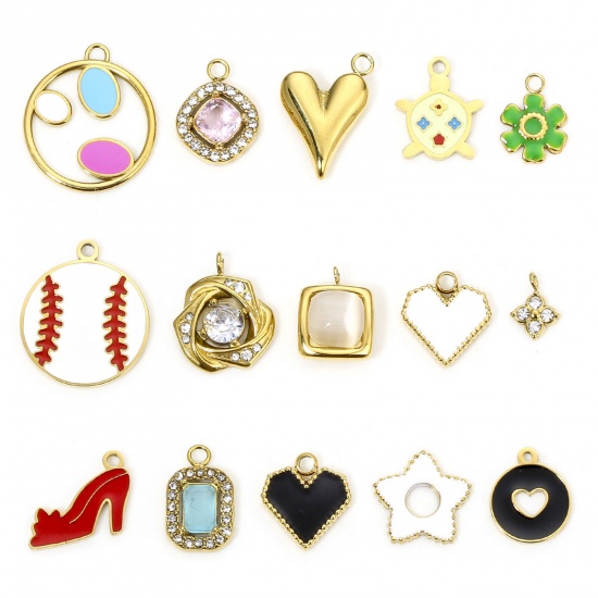 Picture of Eco-friendly Vacuum Plating 304 Stainless Steel Stylish Charms Gold Plated Multicolor Heart Enamel