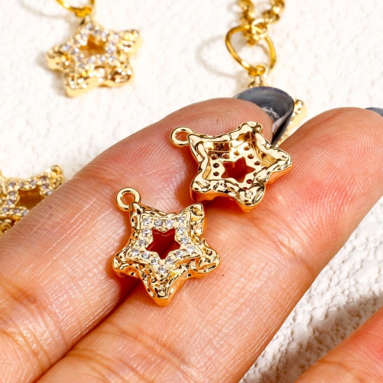 Immagine di 2 PCs Eco-friendly Brass Galaxy Charms Real Gold Plated Pentagram Star Micro Pave Clear Cubic Zirconia 14mm x 12mm
