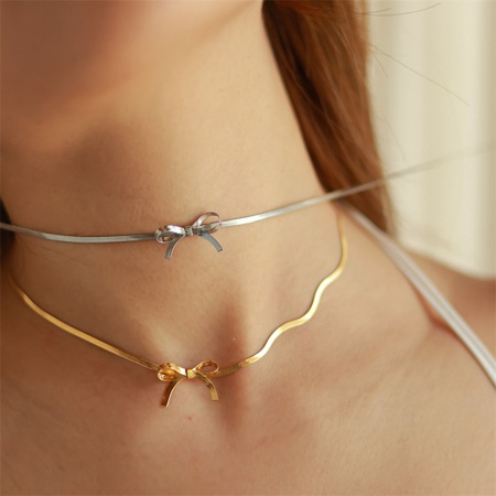 304 Stainless Steel Snake Chain Choker Necklace Bowknot 33cm(13") long