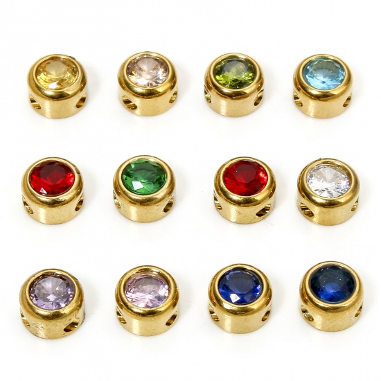 Picture of Eco-friendly 304 Stainless Steel Birthstone Charms Gold Plated Round Multicolor Rhinestone