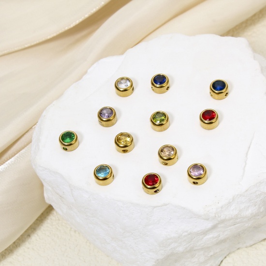 Immagine di Eco-friendly 304 Stainless Steel Birthstone Charms Gold Plated Round Multicolor Rhinestone