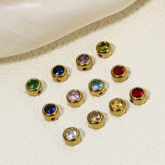 Picture of Eco-friendly 304 Stainless Steel Birthstone Charms Gold Plated Round Multicolor Rhinestone