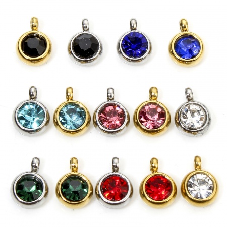 Eco-friendly 304 Stainless Steel Birthstone Charms Round Multicolor Rhinestone