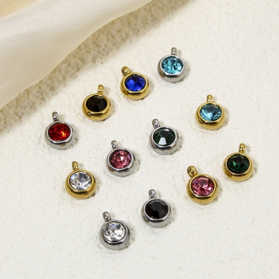 Immagine di Eco-friendly 304 Stainless Steel Birthstone Charms Round Multicolor Rhinestone