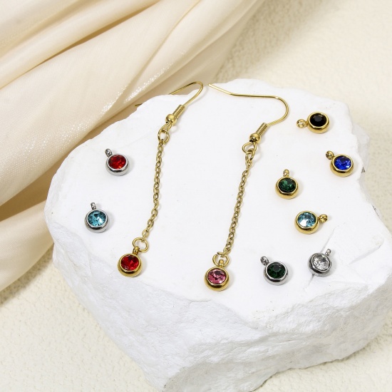 Immagine di Eco-friendly 304 Stainless Steel Birthstone Charms Round Multicolor Rhinestone