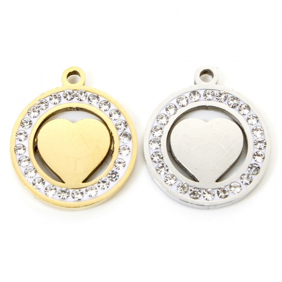 Imagen de Eco-friendly 304 Stainless Steel Valentine's Day Charms Multicolor Round Heart Hollow Clear Rhinestone