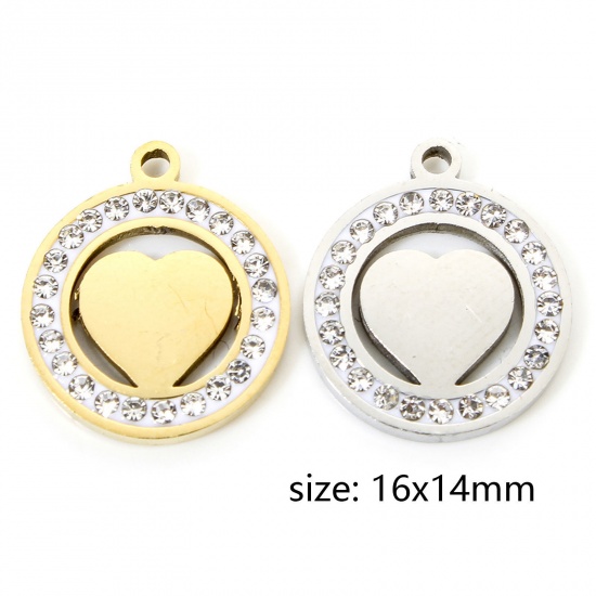 Imagen de Eco-friendly 304 Stainless Steel Valentine's Day Charms Multicolor Round Heart Hollow Clear Rhinestone