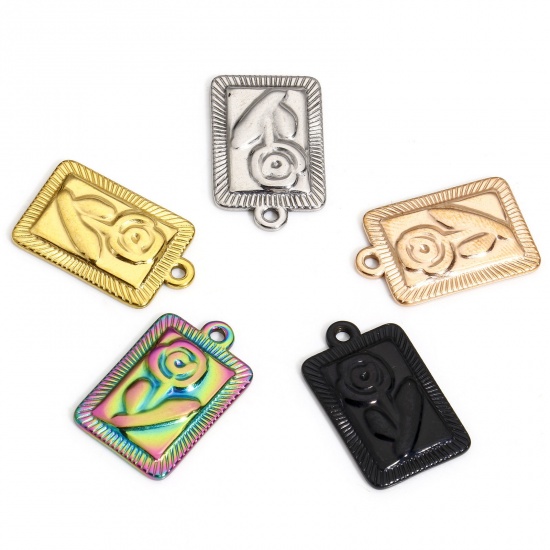 Picture of 1 Piece Vacuum Plating 304 Stainless Steel Valentine's Day Charms Rectangle Rose Flower 22mm x 14mm