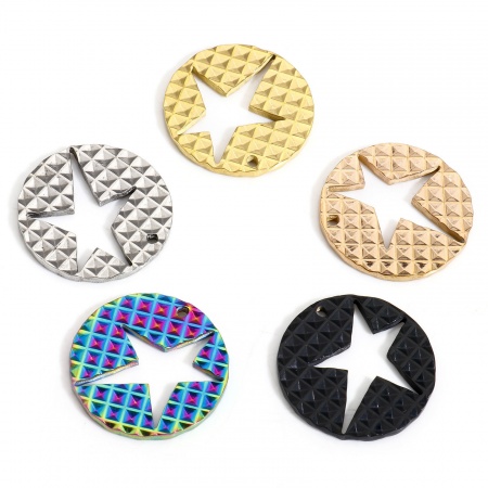 Vacuum Plating 304 Stainless Steel Galaxy Charms Round Pentagram Star Hollow 27mm Dia.