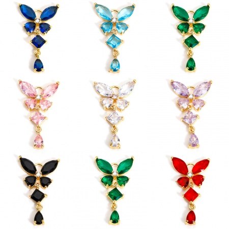1 Pièce Breloques Insecte en Laiton & Verre Plaqué Or 18K Papillon Franges à Strass Coloré 3.2cm x 1.8cm