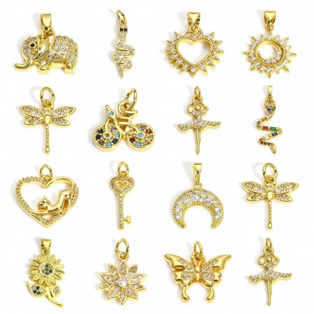 2 PCs Brass Charms Real Gold Plated Animal Sun Micro Pave Clear Cubic Zirconia