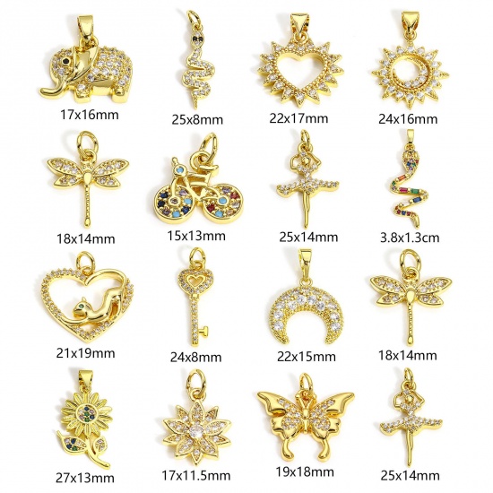 Picture of 2 PCs Brass Charms 18K Gold Color Animal Sun Micro Pave Clear Cubic Zirconia