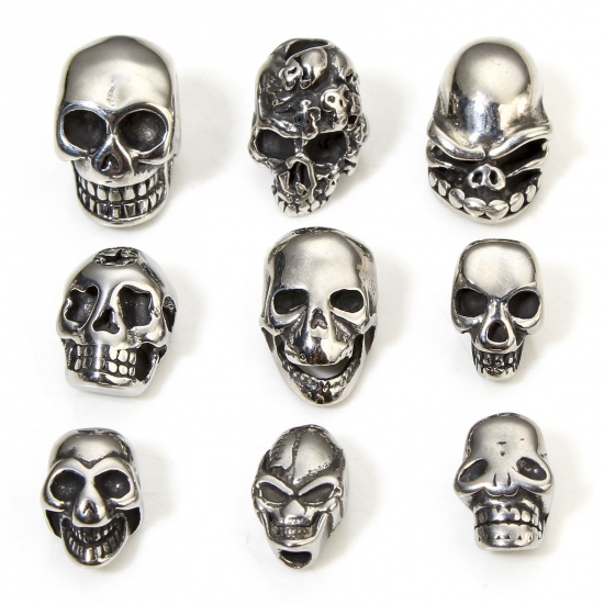 Picture of 2 PCs 304 Stainless Steel Halloween Beads For DIY Jewelry Making Skull Antique Silver Color