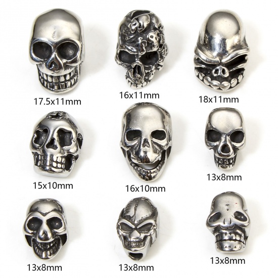 Picture of 2 PCs 304 Stainless Steel Halloween Beads For DIY Jewelry Making Skull Antique Silver Color