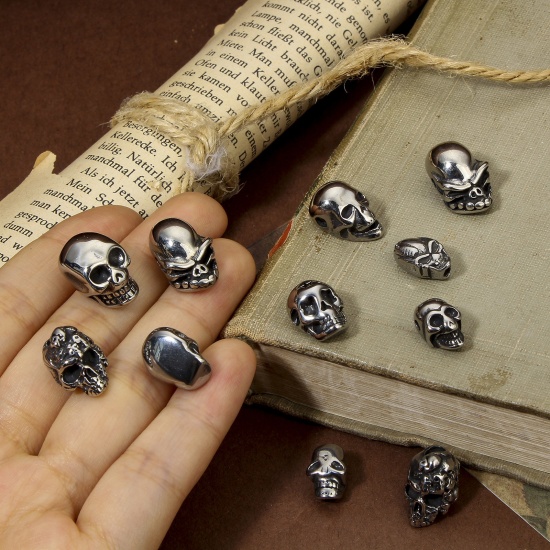 Picture of 2 PCs 304 Stainless Steel Halloween Beads For DIY Jewelry Making Skull Antique Silver Color