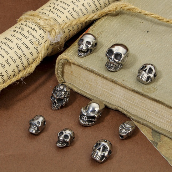 Picture of 2 PCs 304 Stainless Steel Halloween Beads For DIY Jewelry Making Skull Antique Silver Color