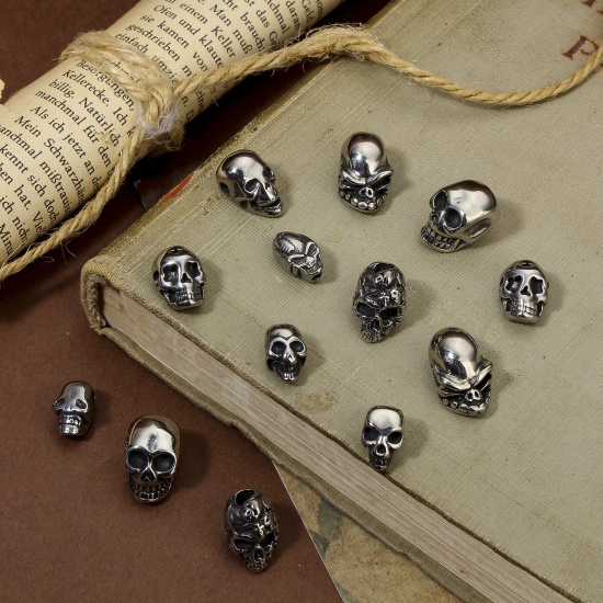 Picture of 2 PCs 304 Stainless Steel Halloween Beads For DIY Jewelry Making Skull Antique Silver Color