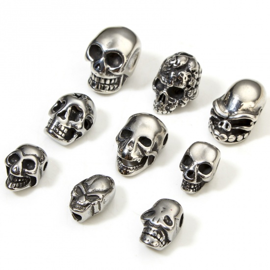 Picture of 2 PCs 304 Stainless Steel Halloween Beads For DIY Jewelry Making Skull Antique Silver Color