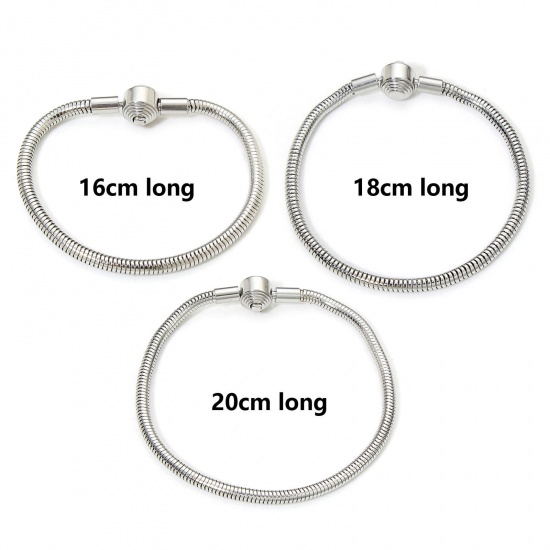 Picture of 1 Piece 304 Stainless Steel European Style Snake Chain Bracelets Silver Tone With Snap Clasp