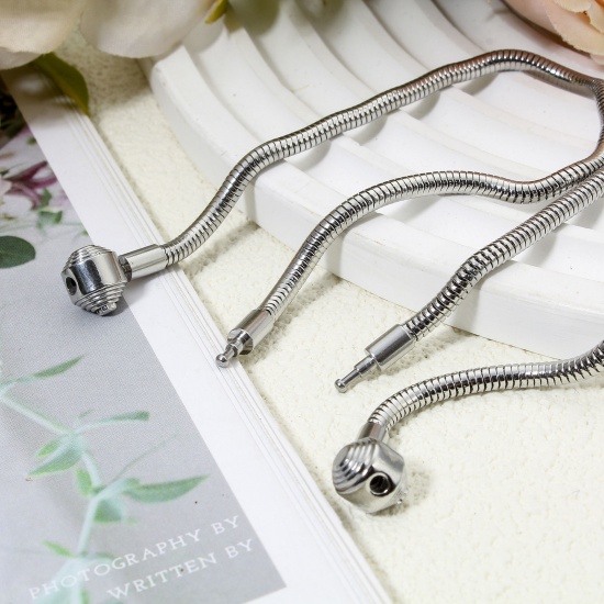 Picture of 1 Piece 304 Stainless Steel European Style Snake Chain Bracelets Silver Tone With Snap Clasp