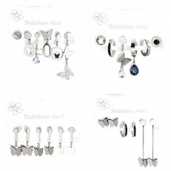 Immagine di 1 Set ( 6 PCs/Set) 304 Stainless Steel Insect Ear Post Stud Earrings Set Silver Tone Butterfly 14mm, Post/ Wire Size: (18 gauge)