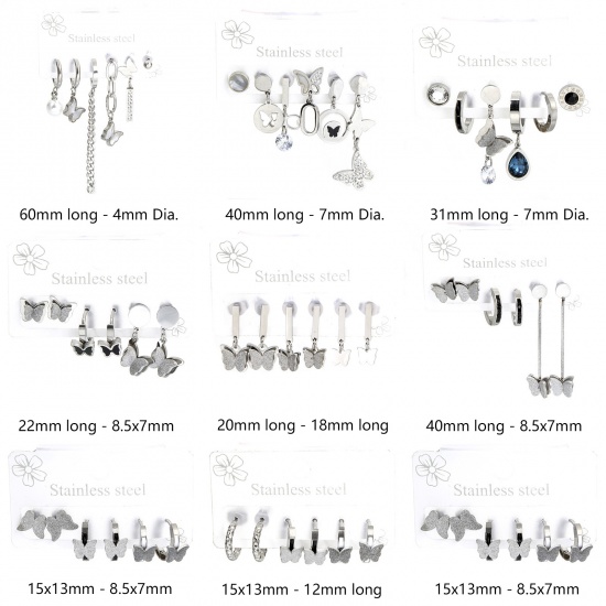 Picture of 1 Set ( 6 PCs/Set) 304 Stainless Steel Insect Ear Post Stud Earrings Set Silver Tone Butterfly 14mm, Post/ Wire Size: (18 gauge)