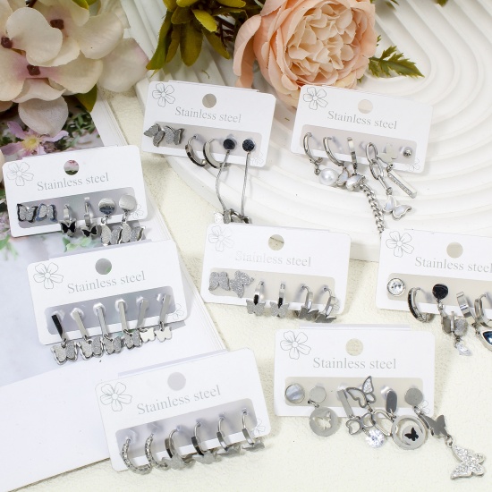 Immagine di 1 Set ( 6 PCs/Set) 304 Stainless Steel Insect Ear Post Stud Earrings Set Silver Tone Butterfly 14mm, Post/ Wire Size: (18 gauge)