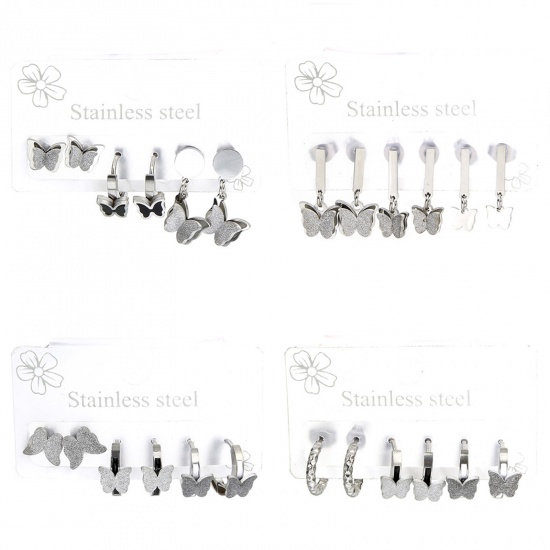 Picture of 1 Set ( 6 PCs/Set) 304 Stainless Steel Insect Ear Post Stud Earrings Set Silver Tone Butterfly 14mm, Post/ Wire Size: (18 gauge)