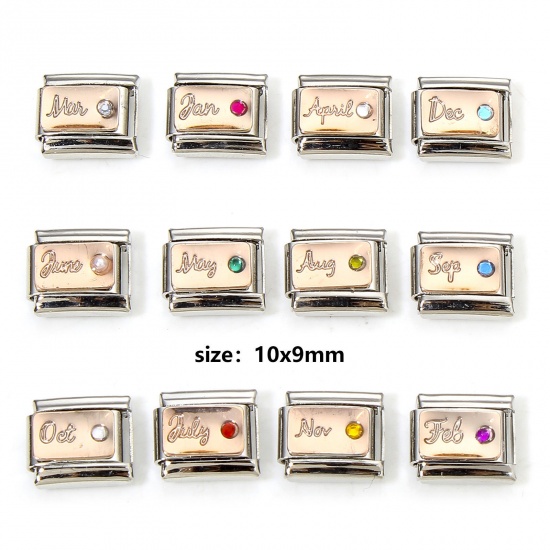 Immagine di 1 Piece 304 Stainless Steel Birthstone Italian Charm Links For DIY Bracelet Jewelry Making Silver Tone 10mm x 9mm