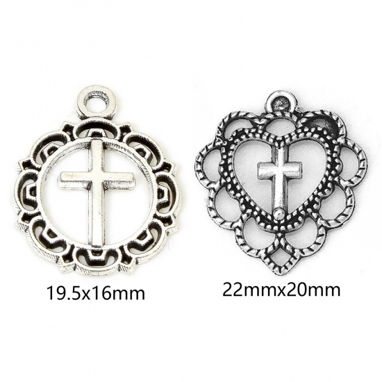 Picture of 30 PCs Zinc Based Alloy Religious Charms Antique Silver Color Cross Filigree Hollow