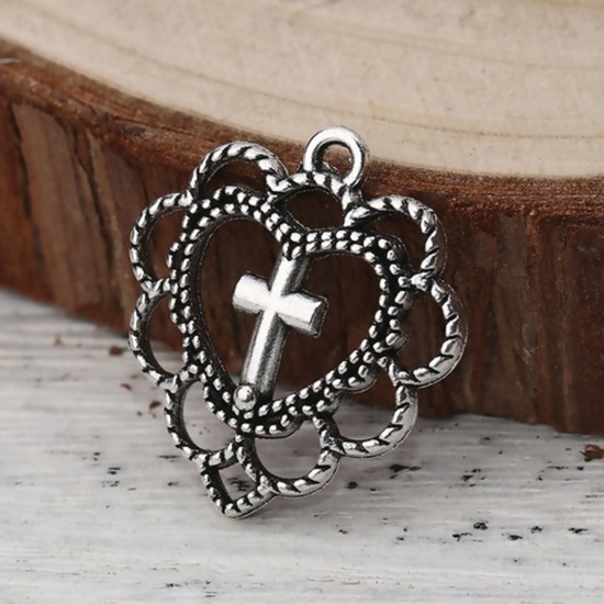 Picture of 30 PCs Zinc Based Alloy Religious Charms Antique Silver Color Cross Filigree Hollow