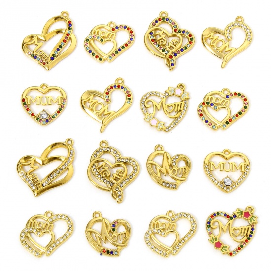 Immagine di Eco-friendly 304 Stainless Steel Mother's Day Charms Gold Plated Heart Message " Mom " Enamel Multicolor Rhinestone