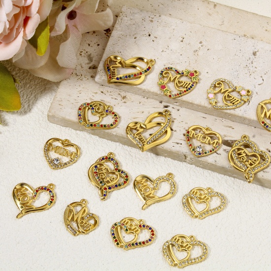 Immagine di Eco-friendly 304 Stainless Steel Mother's Day Charms Gold Plated Heart Message " Mom " Enamel Multicolor Rhinestone