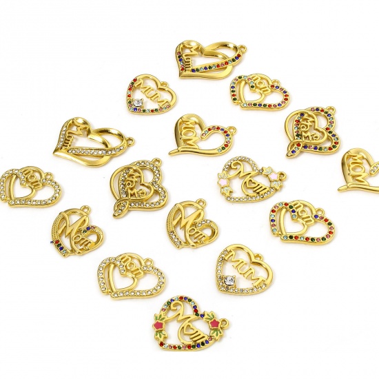 Image de Eco-friendly 304 Stainless Steel Mother's Day Charms Gold Plated Heart Message " Mom " Enamel Multicolor Rhinestone