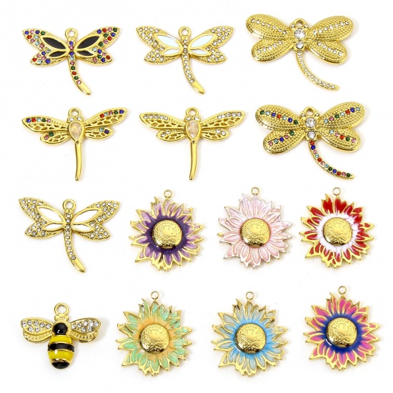 Picture of Eco-friendly 304 Stainless Steel Pastoral Style Charms Gold Plated Multicolor Bee Animal Sunflower Enamel Clear Rhinestone