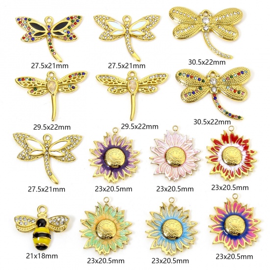 Image de 1 Pièce Breloques en 304 Acier Inoxydable Respectueux de la Nature Style Pastoral Abeille Doré Multicolore Fleurs de Soleil Émail à Strass Transparent