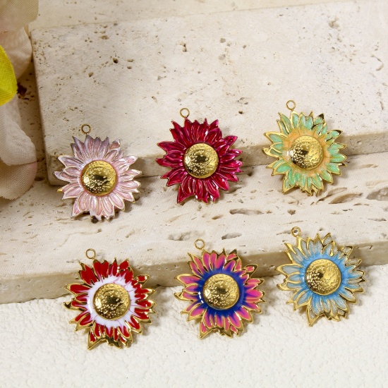Picture of Eco-friendly 304 Stainless Steel Pastoral Style Charms Gold Plated Multicolor Bee Animal Sunflower Enamel Clear Rhinestone