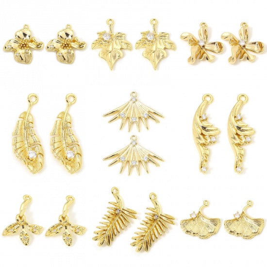 Picture of Eco-friendly Brass Charms 18K Gold Plated Flower Leaf Clear Cubic Zirconia