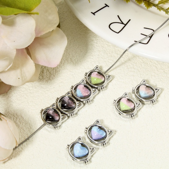 Immagine di 5 PCs Zinc Based Alloy Spacer Beads For DIY Charm Jewelry Making Antique Silver Color Cat Animal Heart With Resin Cabochons About 17mm x 13mm, Hole: Approx 1.5mm
