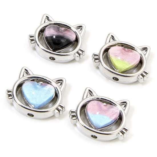 Immagine di 5 PCs Zinc Based Alloy Spacer Beads For DIY Charm Jewelry Making Antique Silver Color Cat Animal Heart With Resin Cabochons About 17mm x 13mm, Hole: Approx 1.5mm