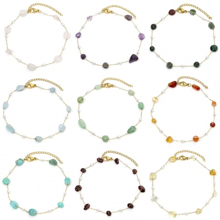 1 本 真空メッキ 304ステンレス鋼 + 宝石 小豆チェーン・あづきチェーン アンクレット 18Kゴールドメッキ 不規則