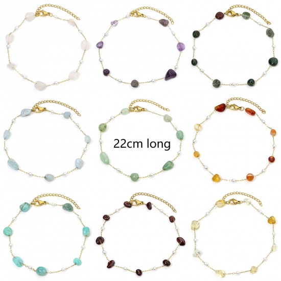 Picture of 1 Piece Vacuum Plating 304 Stainless Steel & Gemstone Link Cable Chain Anklet 18K Gold Color Irregular 22cm(8 5/8") long