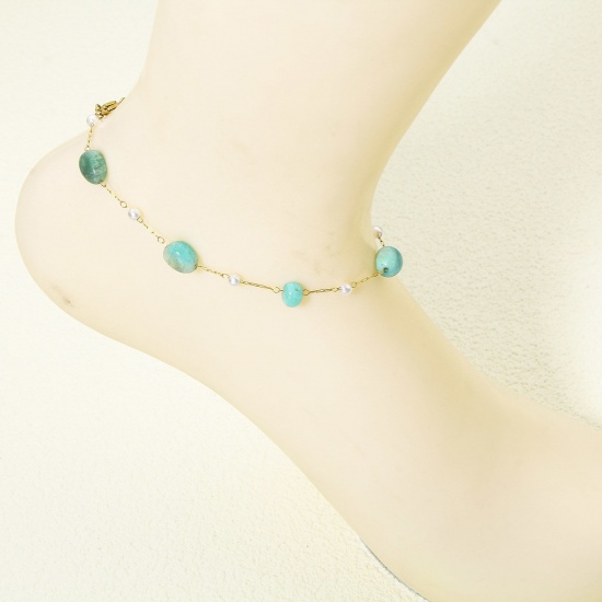 Picture of 1 Piece Vacuum Plating 304 Stainless Steel & Gemstone Link Cable Chain Anklet 18K Gold Color Irregular 22cm(8 5/8") long