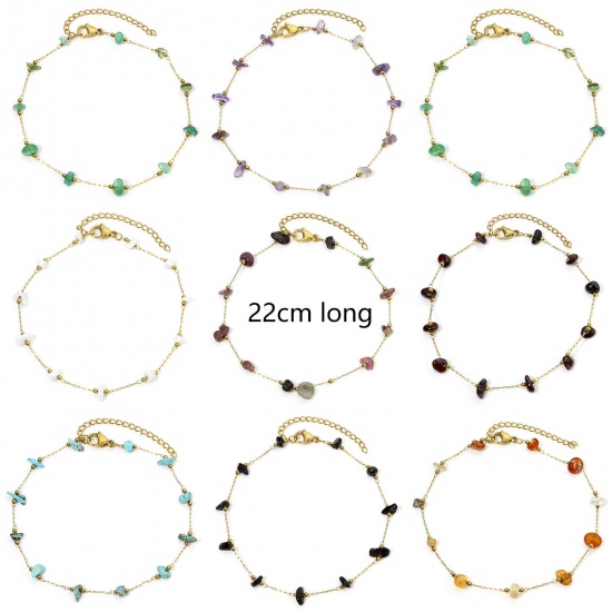 Picture of 1 Piece Vacuum Plating 304 Stainless Steel & Gemstone Link Cable Chain Anklet 18K Gold Plated