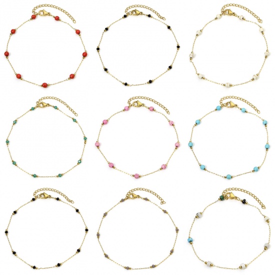 Picture of Vacuum Plating 304 Stainless Steel & Gemstone Link Cable Chain Anklet 18K Gold Plated