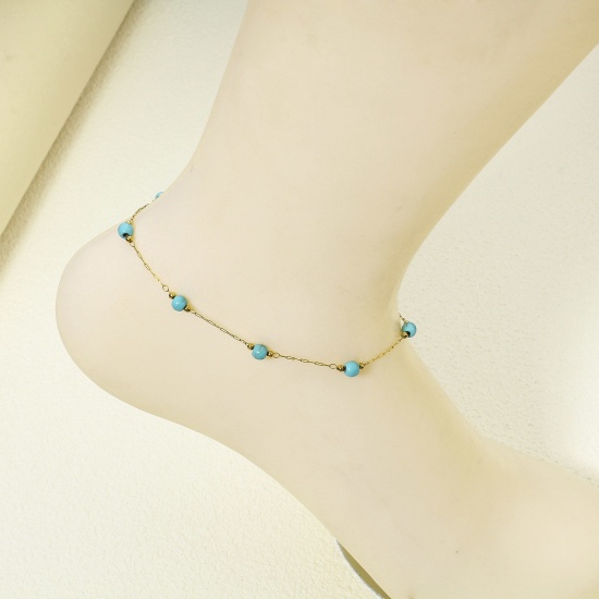 Picture of 1 Piece Vacuum Plating 304 Stainless Steel & Gemstone Link Cable Chain Anklet 18K Gold Color 22cm(8 5/8") long