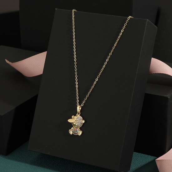 Picture of Eco-friendly Stylish Hip-Hop 18K Gold Color Brass & Rhinestone Rolo Chain Bear Animal Micro Pave Pendant Necklace For Women Coming-of-age Gift